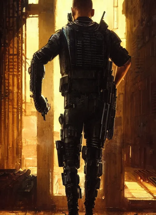 Image similar to 🐷. cyberpunk police trooper in a military vest ( blade runner 2 0 4 9, cyberpunk 2 0 7 7 ). orientalist portrait by john william waterhouse and james gurney and theodore ralli and nasreddine dinet, oil on canvas. cinematic, hyper realism, realistic proportions, dramatic lighting, high detail 4 k