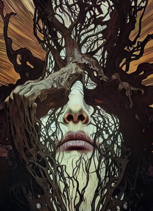 Prompt: close up portrait of a monster tree in the scary mountains of hell, oil painting by tomasz jedruszek and alphonse mucha, cinematic lighting, pen and ink, intricate line, hd, 4 k, million of likes, trending on artstation