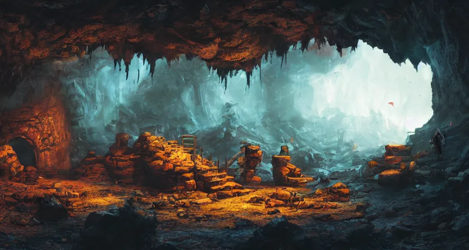 Image similar to An epic fantasy comic book style landscape painting of a thieves den hidden inside a cavern, unreal 5, DAZ, hyperrealistic, octane render, dynamic lighting