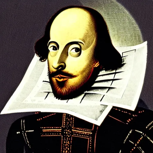 Prompt: Shakespeare as a cyborg robot holding paper and quill