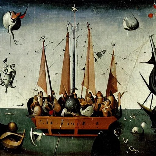 Prompt: oil painting by hieronymous bosch of the ship of fools