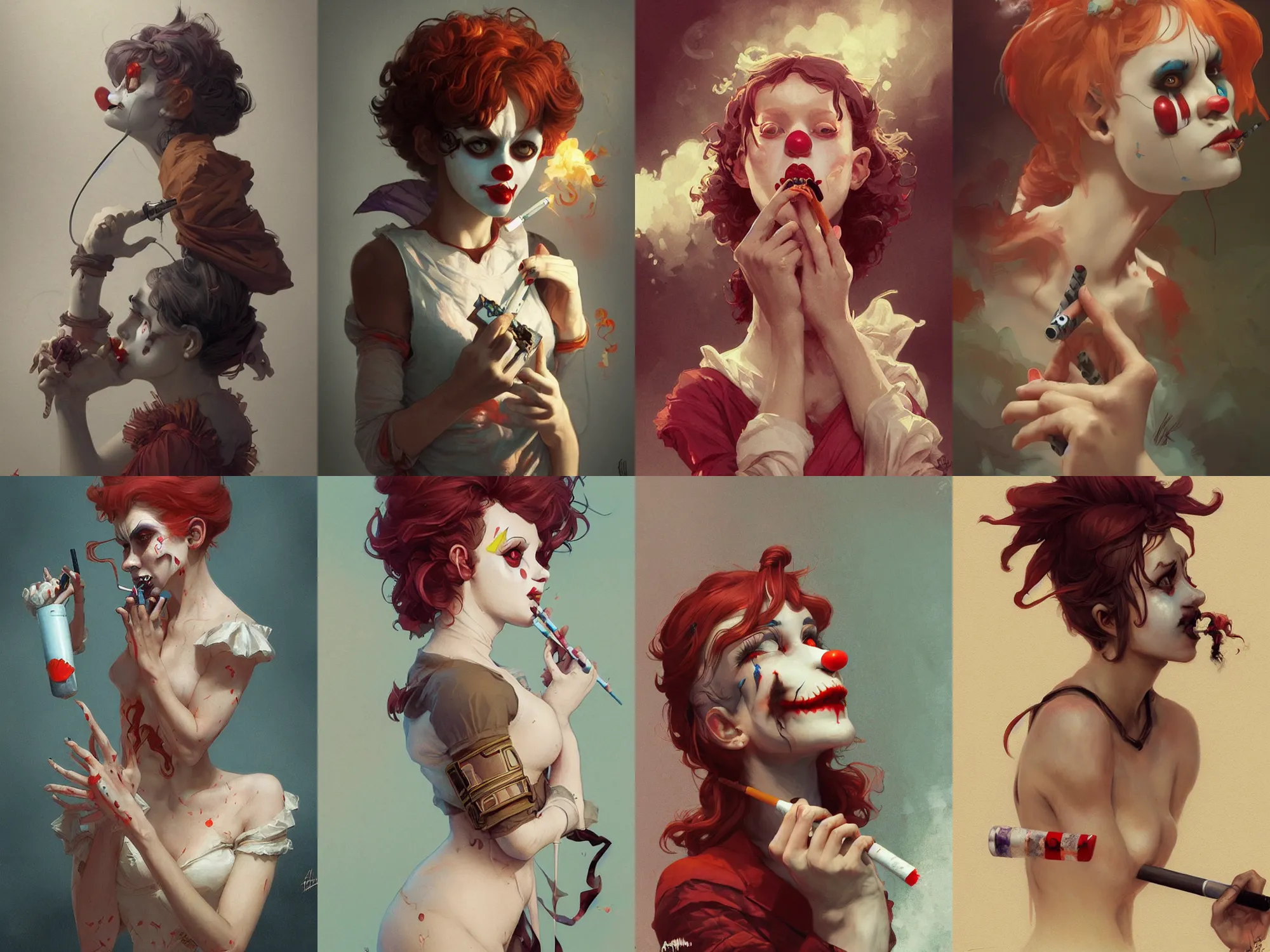 Prompt: creepy clown girl smoking a cigarette, highly detailed, digital painting, artstation, concept art, smooth, sharp focus, illustration, art by artgerm and greg rutkowski and alphonse mucha and loish and WLOP,