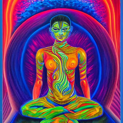 Prompt: a painting of a elegant warrior meditating in the style of flooko, alex grey, acrylic, vibrant, twilight, glows, detailed,