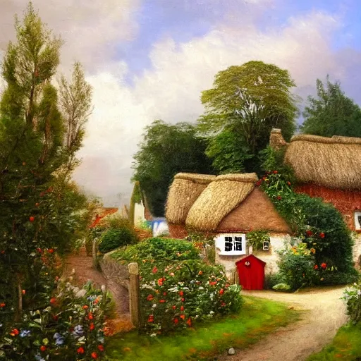 Image similar to A quaint cottage in an English village, merry england, oil on canvas, 4k, detailed