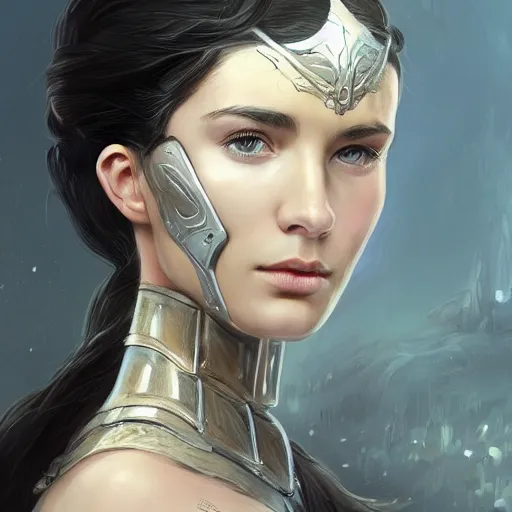 Image similar to a portrait of an attractive young woman, clothed in battle armor, olive skin, long dark hair, beautiful bone structure, symmetrical facial features, intricate, elegant, highly detailed, digital painting, trending on Artstation, concept art, smooth, sharp focus, illustration, in the style of artgerm and greg rutkowski and alphonse mucha