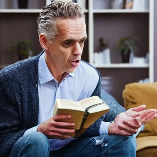 Prompt: photo of Jordan Peterson as a skinny ugly wimp crying in the corner holding a Bible while his wife yells at him. Photograph.