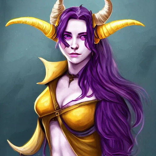 Image similar to a portrait of a cute tiefling girl with a scar along her face, skin colour purple, horns from her head, yellow eyes, cleric, dnd art, fantasy, digital art, high quality.