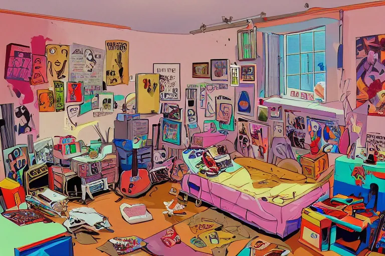 Image similar to a room of an american teen, graffiti and posters on the wall, bed, guitar, bookshelves, toys, bright, 8 0 s style, nostalgic, the sun shines in, warm, cozy, isometric art, bright, artstation, highly detailed, cinematic lighting + masterpiece