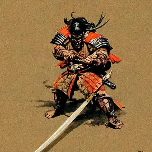 Image similar to a dark samurai painted by Frank Frazetta