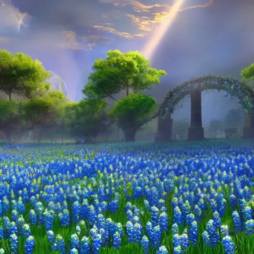 Image similar to a beautiful and detailed picture of gateway to hades surrounded by a field of bluebonnets, in the style of magic the gathering, highly detailed, digital painting, god rays, volumetric lighting, octane render, 4 k resolution, art by adam paquette and johann bodin and jason rainville