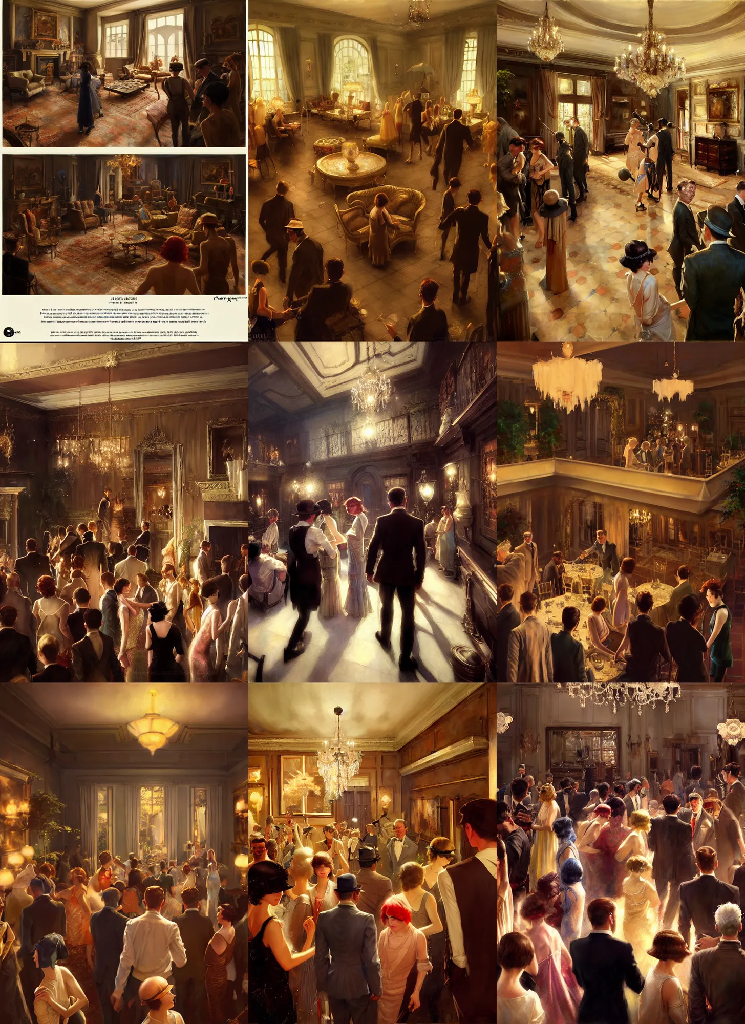 Image similar to craig mullins and ghibli and james gurney detailed realist painting of a 1 9 2 0 s grand party in a beautiful mansion, many partygoers, strong contrast, unreal engine, hyper realism, realistic shading, cinematic composition, realistic render, octane render, detailed textures, photorealistic, close shot, 3 5 mm film