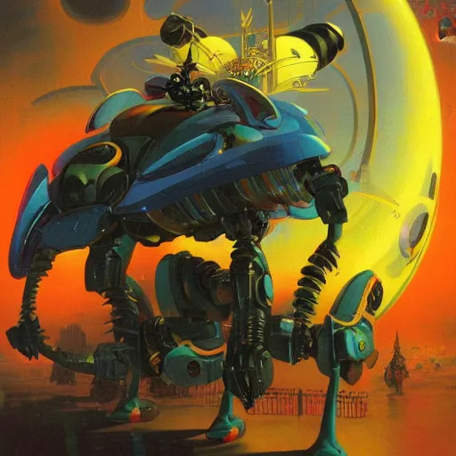 Prompt: a large anthropomorphic bee shaped mecha by paul lehr and moebius