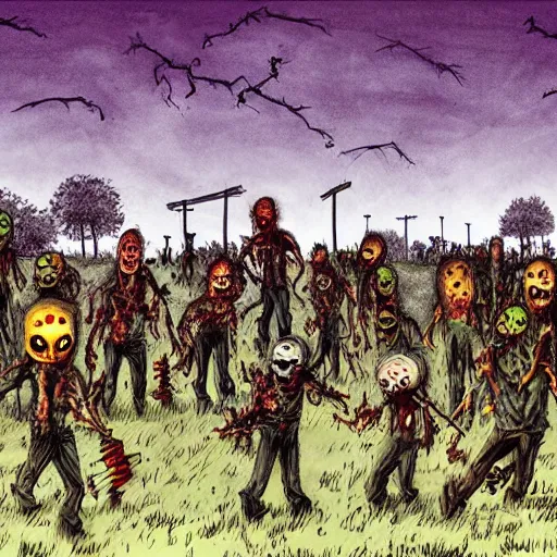 Prompt: zombie horde in an open farm field, drawn by ben templesmith