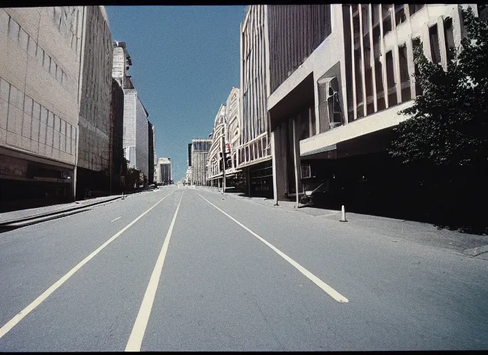 Image similar to A disposable camera picture of an empty street, Kodak Fling 200, 1983