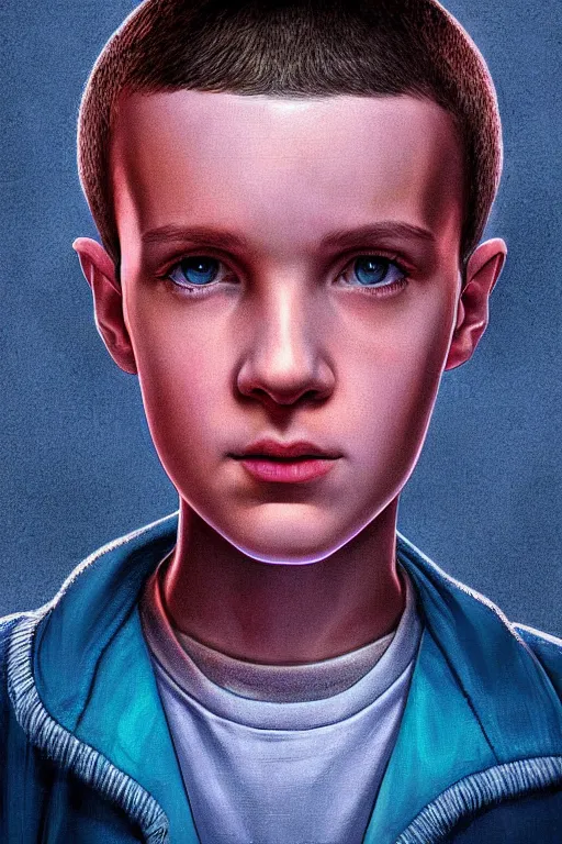 Image similar to a beautiful digital portrait painting of eleven from stranger things, by Ross draws. Volumetric light. Strong keylight.