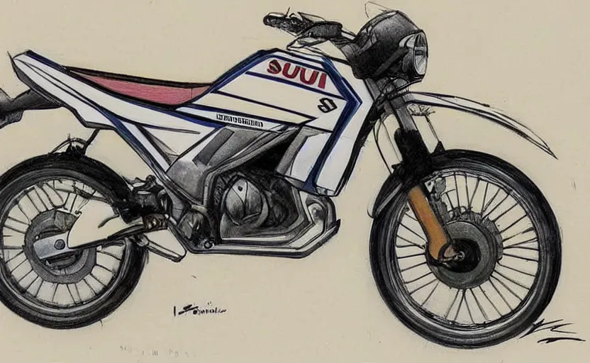 Image similar to 1 9 8 0 s suzuki enduro motorcycle concept, sketch, art,