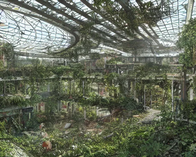 Prompt: an abandoned shopping mall, overgrown by trees, flower, vines, hyperrealistic, highly detailed, intricate, cgsociety, artstation