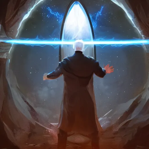 Image similar to Joe Biden standing in front of a powerful energy portal. Fantasy concept art. Best of ArtStation.