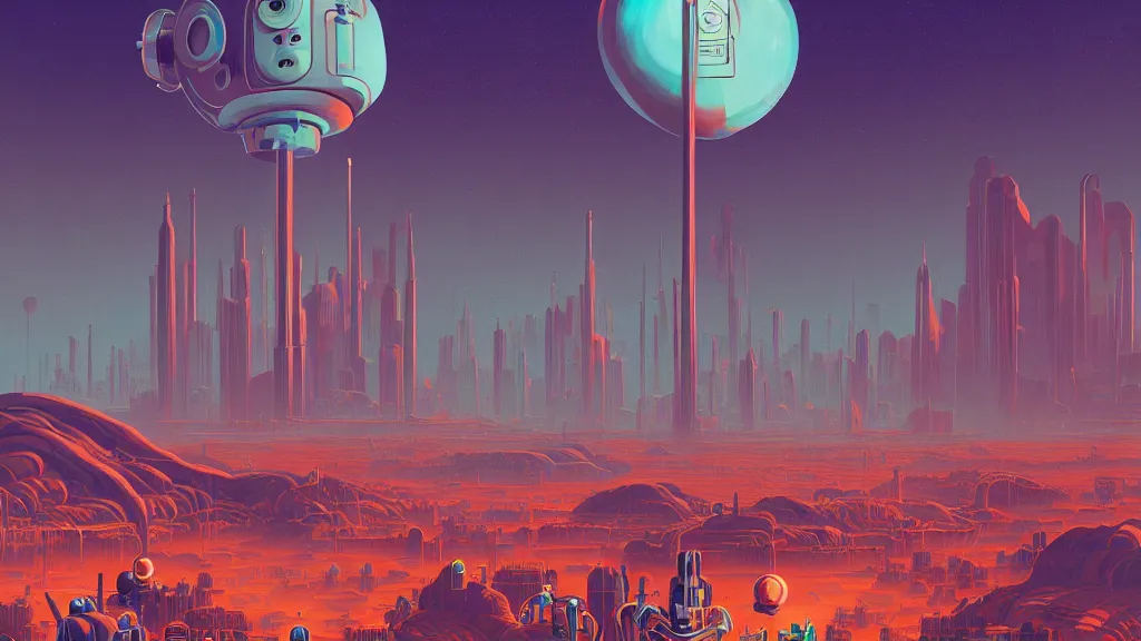 Prompt: surreal robot city at the other side of nowhere, sharp digital painting. dreaming latent space. concept art. artstation. casey weldon. digital render. dan mumford. clean retro. bruce pennington.