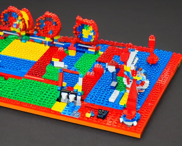 Image similar to intricate colorful lego set of a Turing machine