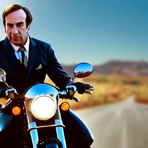 Image similar to A photo of Saul Goodman riding a motorcycle, highly detailed, 4k