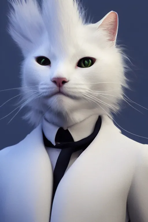 Image similar to a white cat wearing a formal overcoat, hyperrealistic, concept art, octane render, unreal engine 5, trending on DeviantArt, highly detailed, high quality, 8K, soft lighting, cute, studio background, studio lighting, realistic face, trending on Artstation, elegant clothes, profile picture