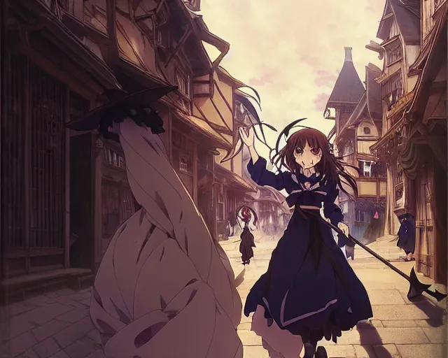 Image similar to kyoani, key anime visual portrait of a young female witch walking through a busy medieval village, dynamic pose, dynamic perspective, cinematic, dramatic lighting, muted colors, detailed silhouette, textured, anime proportions, alphonse mucha, perfect anime, yoh yoshinari, takashi murakami