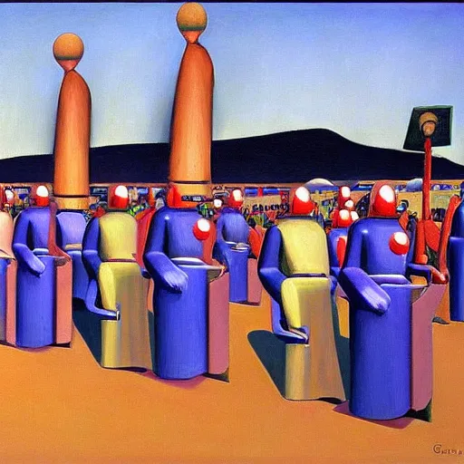 Image similar to robot druids in a grand processional, grant wood, pj crook, edward hopper, oil on canvas