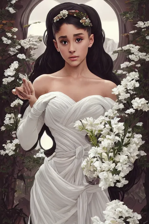 Image similar to beautiful cottagecore Ariana Grande holding a white colored vase. intricate, elegant. the background is black and white !. highly detailed, digital painting, artstation, concept art, smooth, sharp, focus, illustration. . art by artgerm and greg rutkowski and alphonse mucha