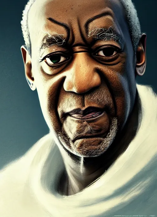 Image similar to Half-body portrait of a beautiful bill cosby with blonde hair and luminous aura. In style of Hyung-tae Kim and Greg Rutkowski, concept art, trending on ArtStation, Korean MMORPG, over-detailed art, 8K, epic, dynamic lightning, dramatic pose