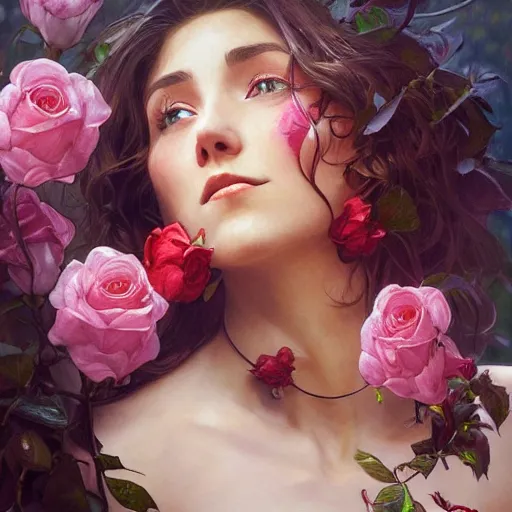 Image similar to woman smelling a flower, roses everywhere, highly detailed, digital painting, artstation, concept art, smooth, sharp focus, illustration, art by artgerm and greg rutkowski and alphonse mucha