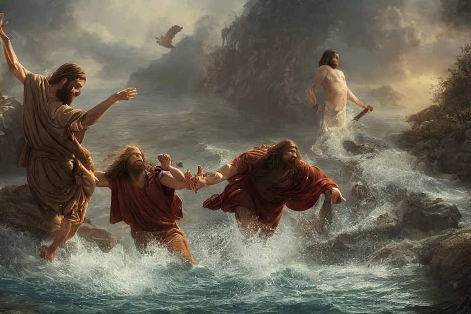 Image similar to An epic matte painting of Jesus saving me in the Water, beautiful, stunning, gorgeous, 4k resolution, professional digital art, by wlop and George Rutkowski, f16, intricate