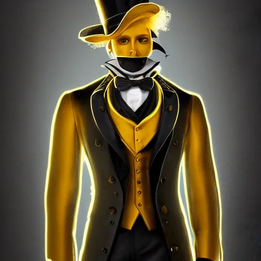 Image similar to a highly detailed portrait of a man in a high top hat covering his face, in a black tailcoat with a yellow waistcoat under the tailcoat, artstation, deviantart, professional, unreal engine 5, photorealistic