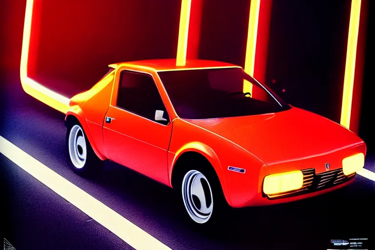 Prompt: designed by giorgetto giugiaro stylized poster of a single yugo, thick neon lights, ektachrome photograph, volumetric lighting, f 8 aperture, cinematic eastman 5 3 8 4 film