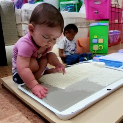 Image similar to Toddler buying 100kg of cocaine on Ipad. Kilos of cocaine in the background