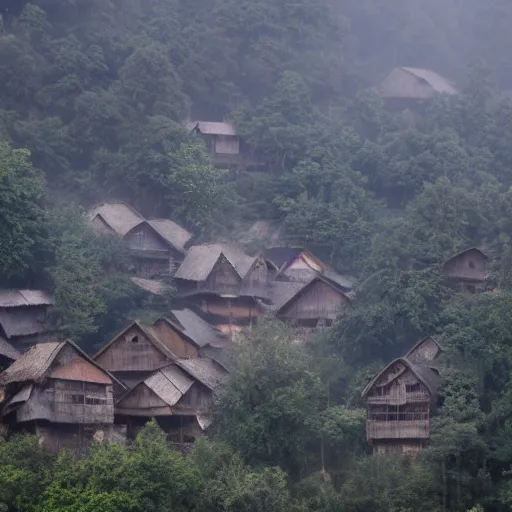 Prompt: tribal village within an eerie forest. photographed from the nearby mountains. foggy.