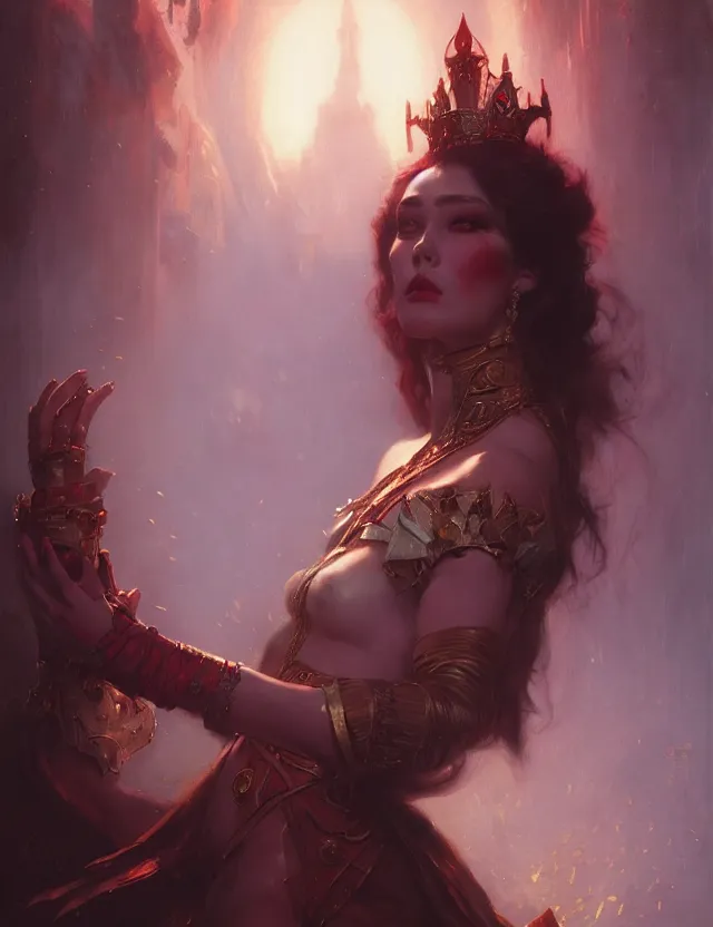 Image similar to queen of hearts, the dark fantasy of gaston bussiere, bayard wu, greg rutkowski, giger, maxim verekhin hyperdetalized, artstation, cgsociety, volumetric dynamic lighting, highly detailed, cinematic lighting