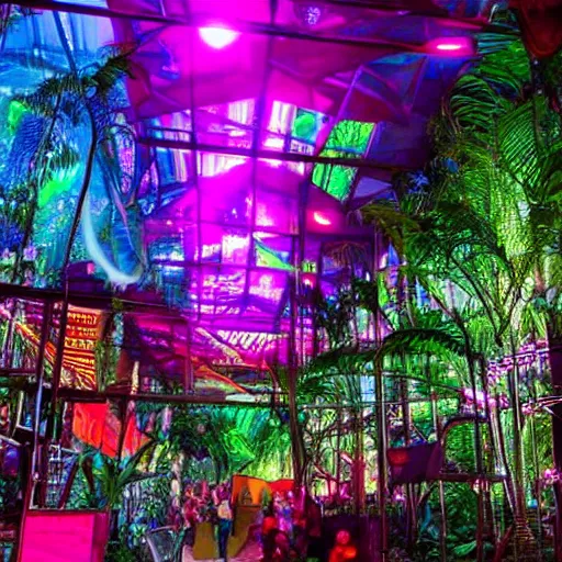 Prompt: a rainforest filled with ancient magical technology and neon lights,