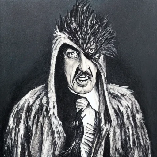 Image similar to vincent price as billionaire howard hughes in long black feathered cloak, black hands tipped with black claws, feathers growing out of skin, being abusive and angry, vivid, mike mignogna, illustration, highly detailed, rough paper, dark, oil painting