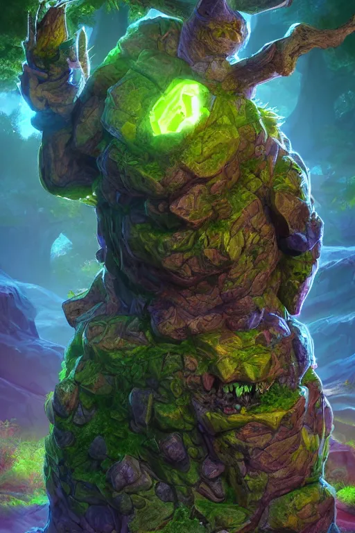 Image similar to arcane fantasy art giant golem elemental wood rock bastion forged gemstone enchanted forest troll, global illumination ray tracing hdr fanart arstation by sung choi and eric pfeiffer and gabriel garza and casper konefal lisa frank zbrush central hardmesh radiating a glowing aura