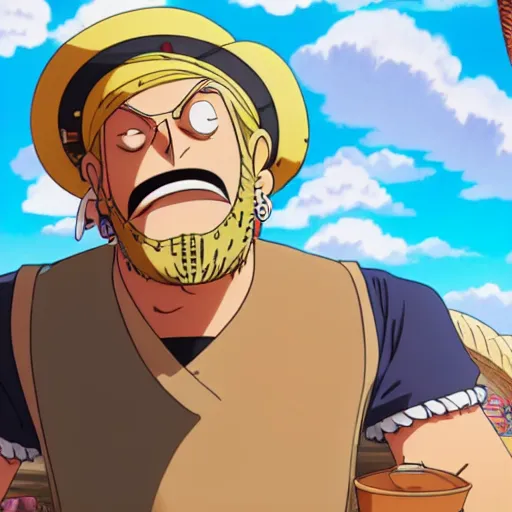 Prompt: A still of a Large blonde bearded large man with a blonde manbun wearing a tie dye shirt and a bucket hat standing in front of The Thousand Sunny in One Piece Anime Series, 4k Resolution.