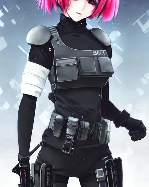 Image similar to 2 b, anime key visual of a young female swat officer, neon, cyberpunk, futuristic, white outfit, black swat vest, swat helmet, holding pdw, stunning, highly detailed, digital painting, smooth, soft focus, illustration, poster, japanese typography, digital art from artstation by artgerm and greg rutkowski and alphonse mucha