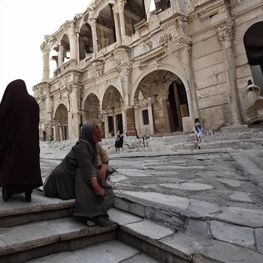 Prompt: scene from a 2 0 1 0 film set in ancient constantinople showing a woman waiting for a tram