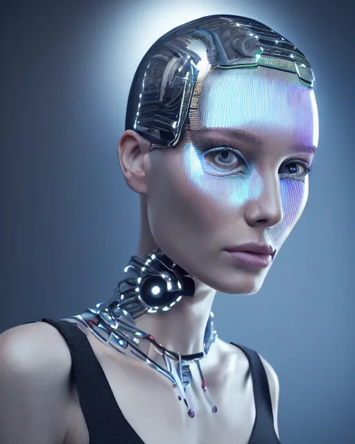 Image similar to fashion portrait, most beautiful girl in the world, glowing cybernetic augments, hyperrealism, year 2447, cdx