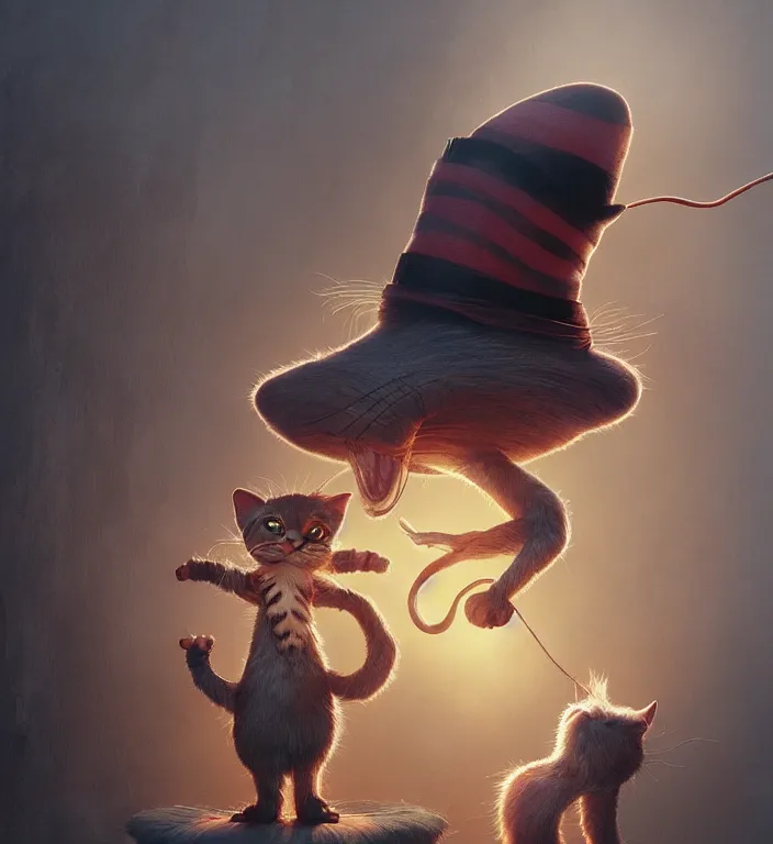 Prompt: complex 3 d render, hyper detailed, ultra sharp, of the cat in the hat, scary, funny, cinematic, natural soft light, rim light, art by greg rutkowski and jean giraud and moebius, dr seuss