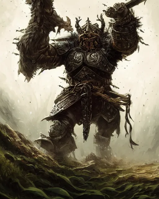 Image similar to Huge Bugbear warrior in armor, portrait, woodlands, magic the gathering artwork, D&D, fantasy, cinematic lighting, centered, symmetrical, highly detailed, digital painting, artstation, concept art, smooth, sharp focus, illustration, volumetric lighting, epic Composition, 8k, art by Akihiko Yoshida and Greg Rutkowski and Craig Mullins, oil painting, cgsociety