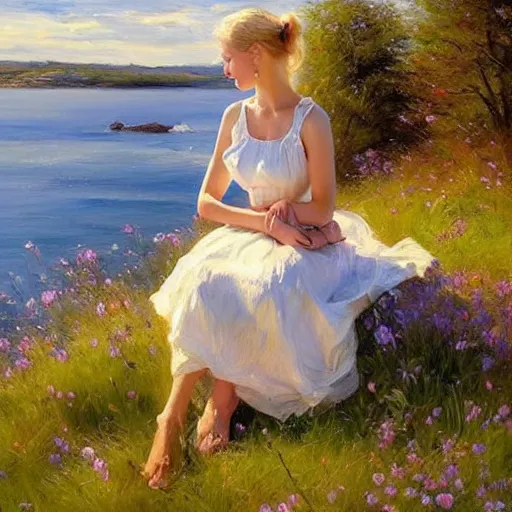 Image similar to blonde woman, dress, swedish countryside, archipelago, morning, masterpiece, highly detailed, beautiful, atmospheric, impressionism, painting by Vladimir Volegov