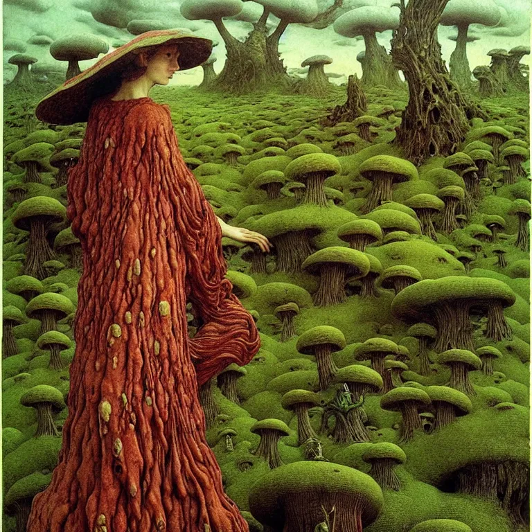 Image similar to A funguswoman stands among the mushroom hills. Lush mold. Wearing a fungus and mushroom. Perfect faces, extremely high details, detailed, realistic, fantasy art, solo, masterpiece, art by Zdzisław Beksiński, Arthur Rackham, Dariusz Zawadzki, Edward Robert Hughes, Eugene de Blaas, Frederic Leighton