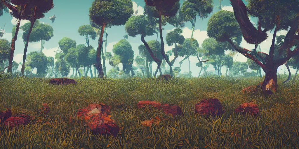 Image similar to abstract 3d rendered landscape with vegetation and trees at noon by james jean and painted in no mans sky style, redshift, octane