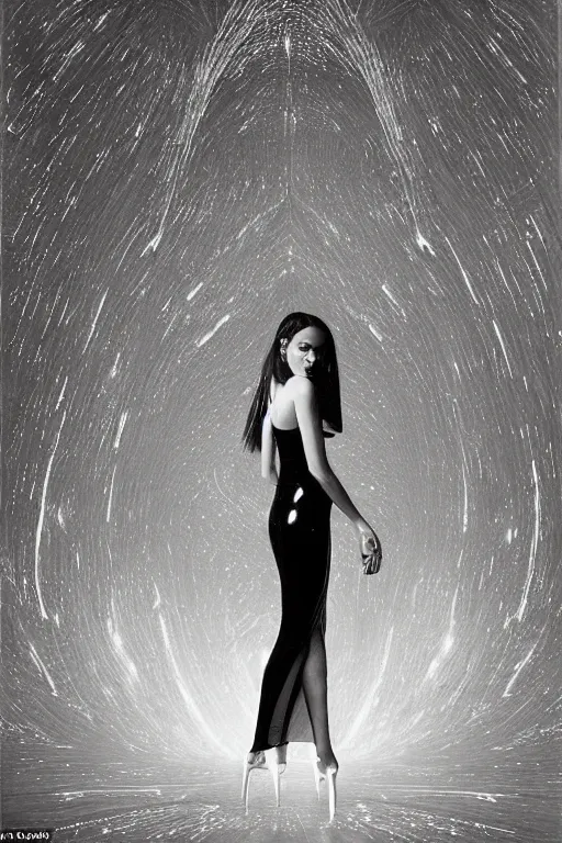 Image similar to a highly detailed unreal engine symmetric portrait of a long legged flawless goddess in a latex dress in an endless galaxy, boke, tilted frame, henry cartier bresson